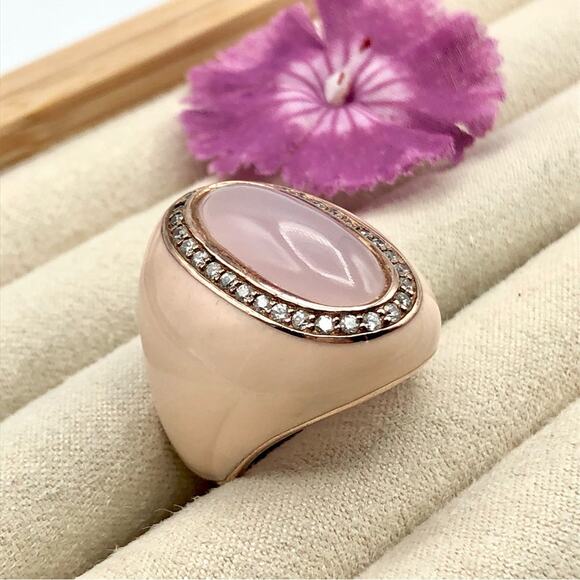 DBJ Dee Berkley Cocktail Right Hand Ring Chunky Pink Enamel Pave Halo Statement - Picture 2 of 16